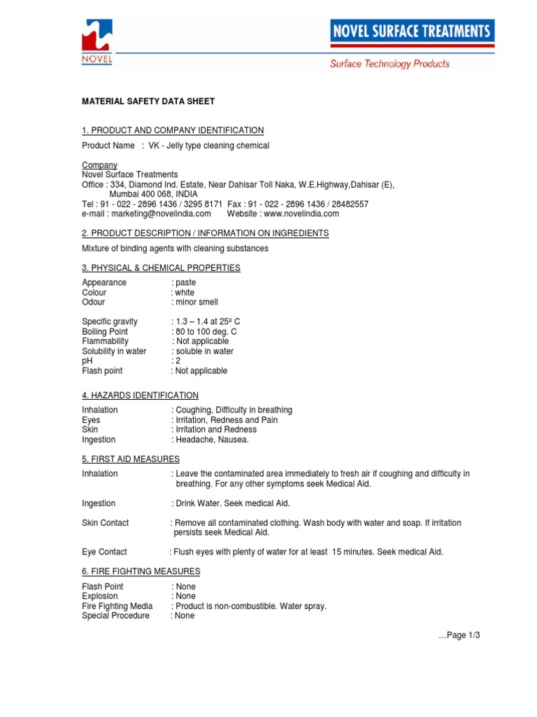 Msds VK Jelly PDF Polyvinyl Chloride Waste Management