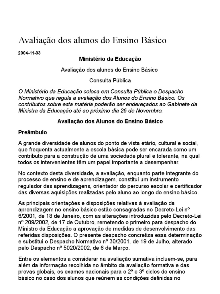 Avaliação dos Alunos no Ensino Básico | PDF | Modificação ...