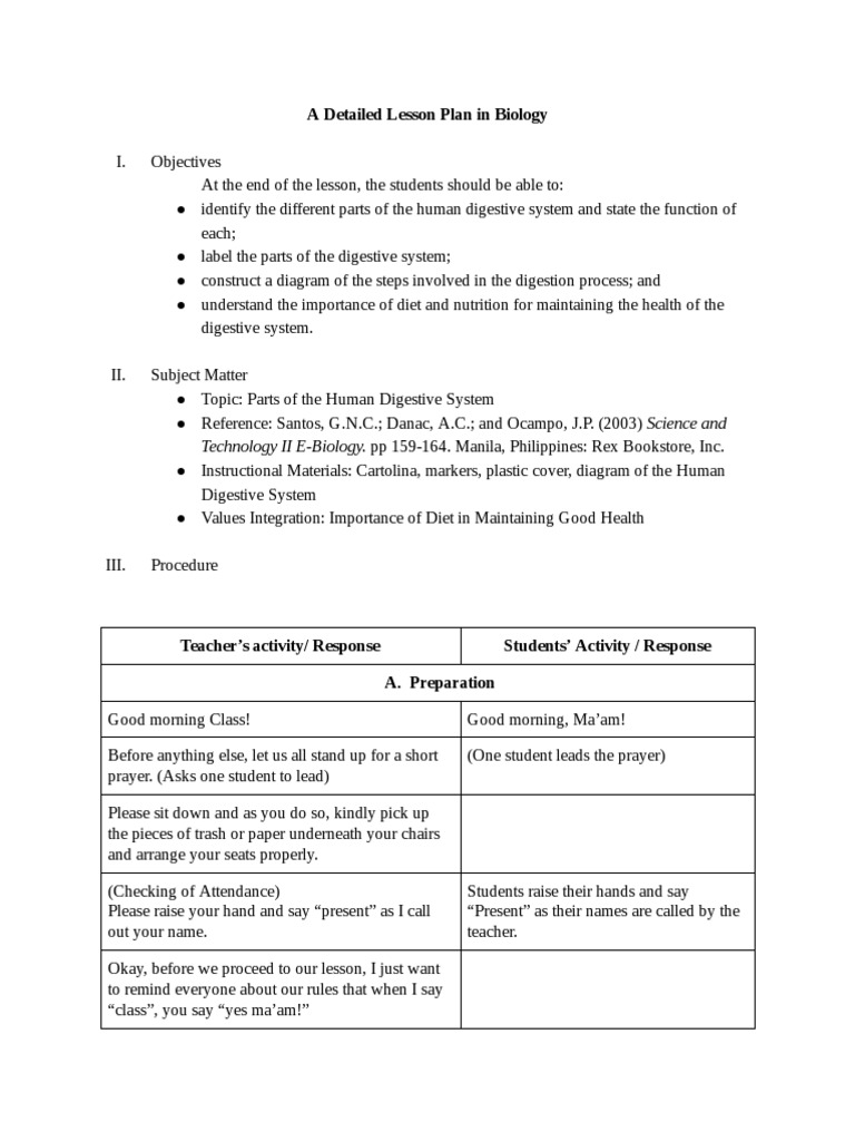 Detailed Lesson Plan: Digestive System | PDF | Digestion | Small Intestine