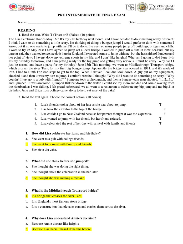Pre Intermediate III Final Exam | PDF