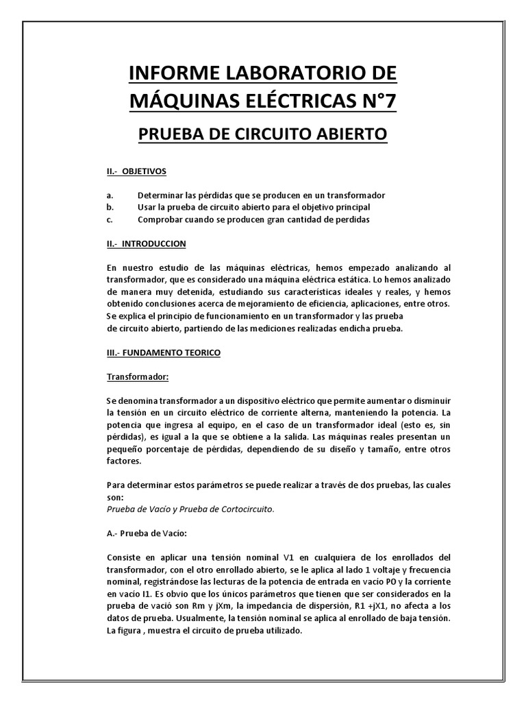 Prueba De Circuito Abierto Transformador Inductor