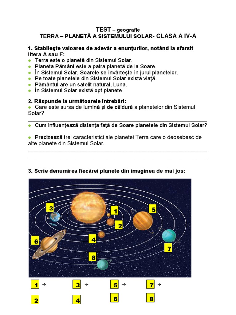 Fisa De Lucru Planetele Sistemului Solar Test Geografie | PDF