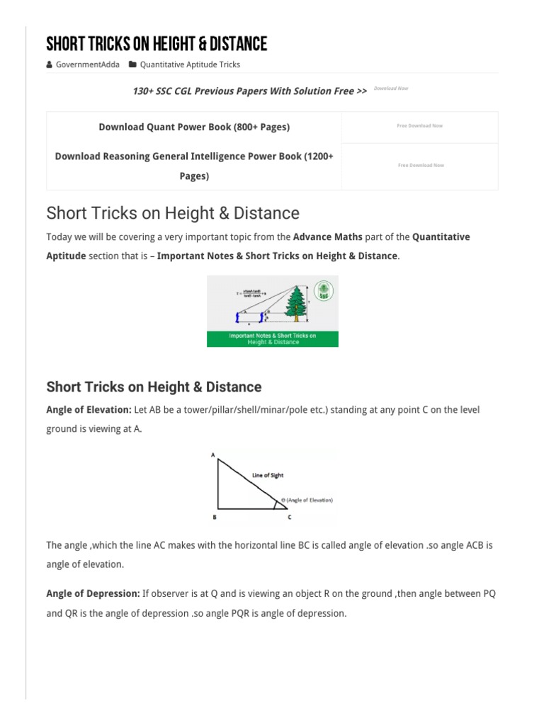 Height & Distance Short Tricks Guide | PDF | Triangle | Angle