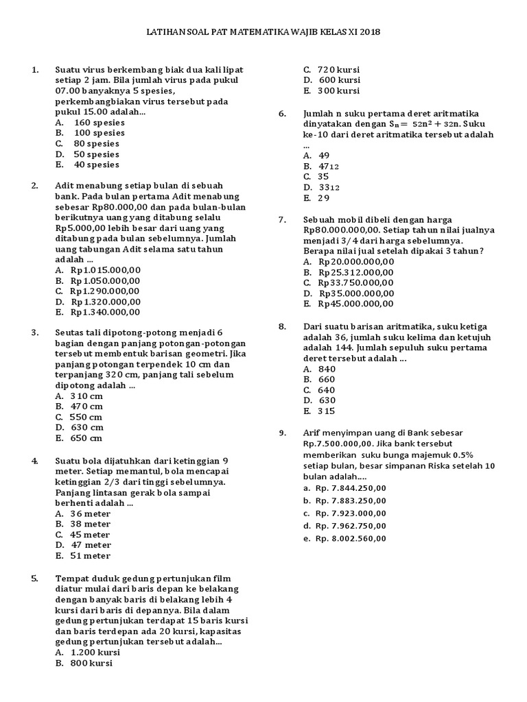 Latihan Soal Pat Matematika Wajib Kelas Xi 2018