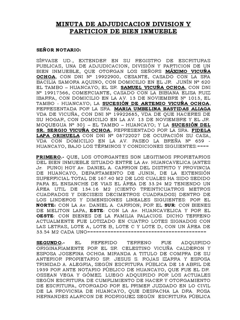 Modelo MINUTA ADJUDICACION | PDF | Documentos legales | Derecho Civil  (Common Law)