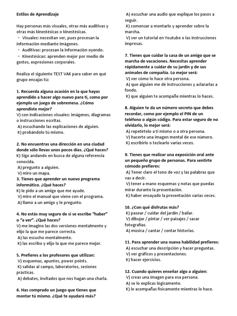 Test Estilos de Aprendizaje PDF | PDF | Science | Ciencia humana