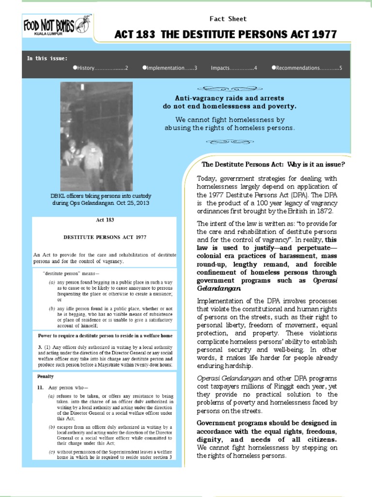 1977 Destitute Persons Act Fact Sheet PDF Homelessness Malaysia