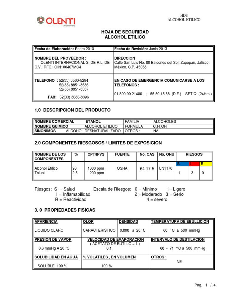 Alcohol Etanol Desnaturalizado Msds | Etanol | Oxígeno
