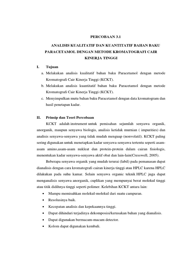 Percobaan 3 1 Analisis Kualitatif Dan Kuantitatif Bahan Baku Paracetamol Dengan Metode Kromatografi Cair Kinerja Tinggi I Tujuan