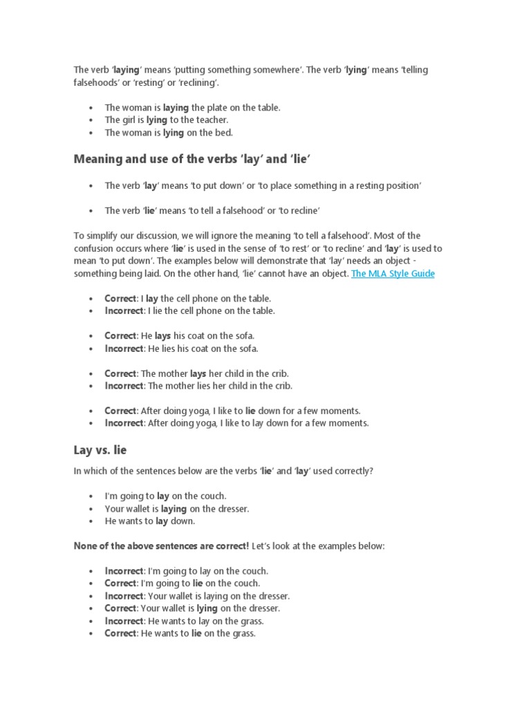 Meaning and Use of The Verbs Lay' and Lie' The MLA Style Guide PDF