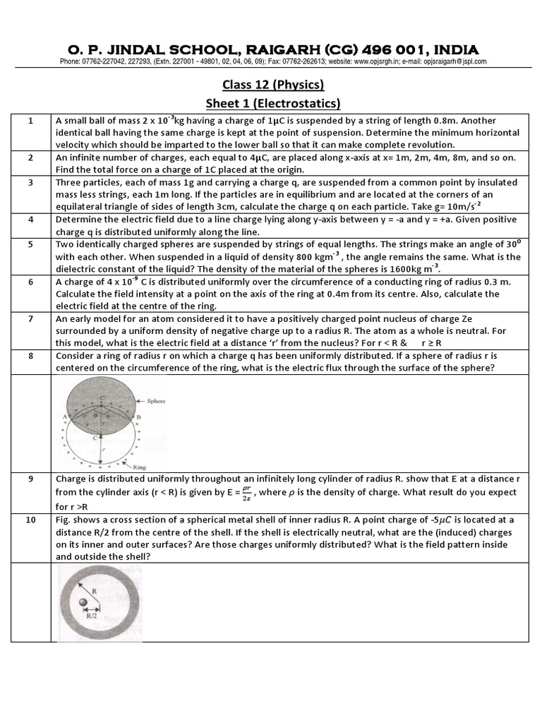 Electrostatics Problems for Class 12 | PDF | Electric Charge | Sphere