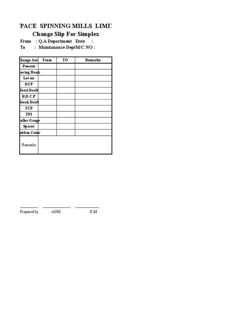 Outpace Spinning Mills Limited Change Slip For Simplex | PDF