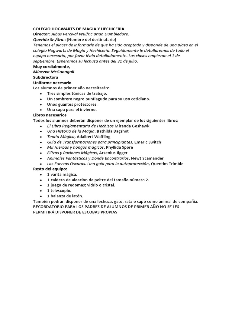 Contenido de La Carta de Hogwarts