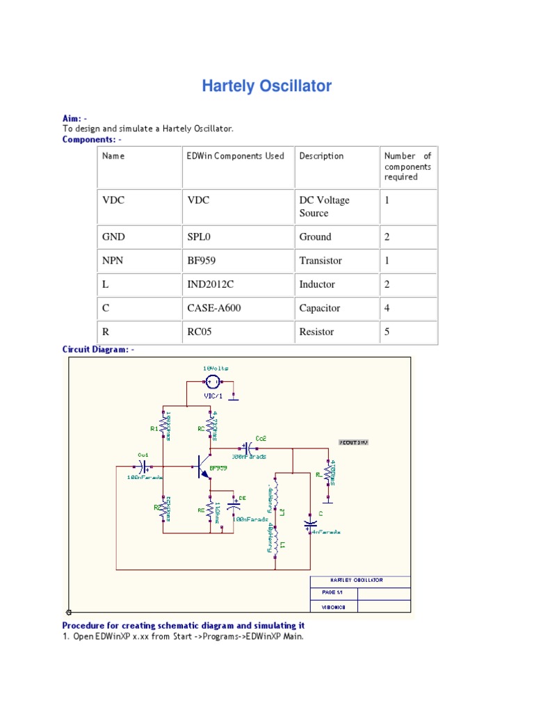 Hartely Oscillator: VDC VDC DC Voltage Source 1 | PDF | Electronic ...