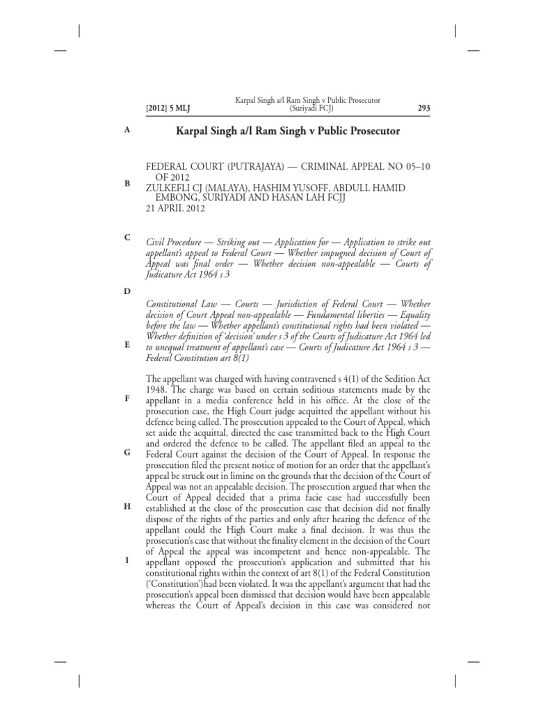 Karpal Singh Al Ram Singh V PP  PDF  Court Of Appeal Of 