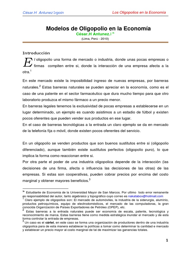 Oligopolios en la Economía Peruana | PDF | Monopolio | Oligopolio