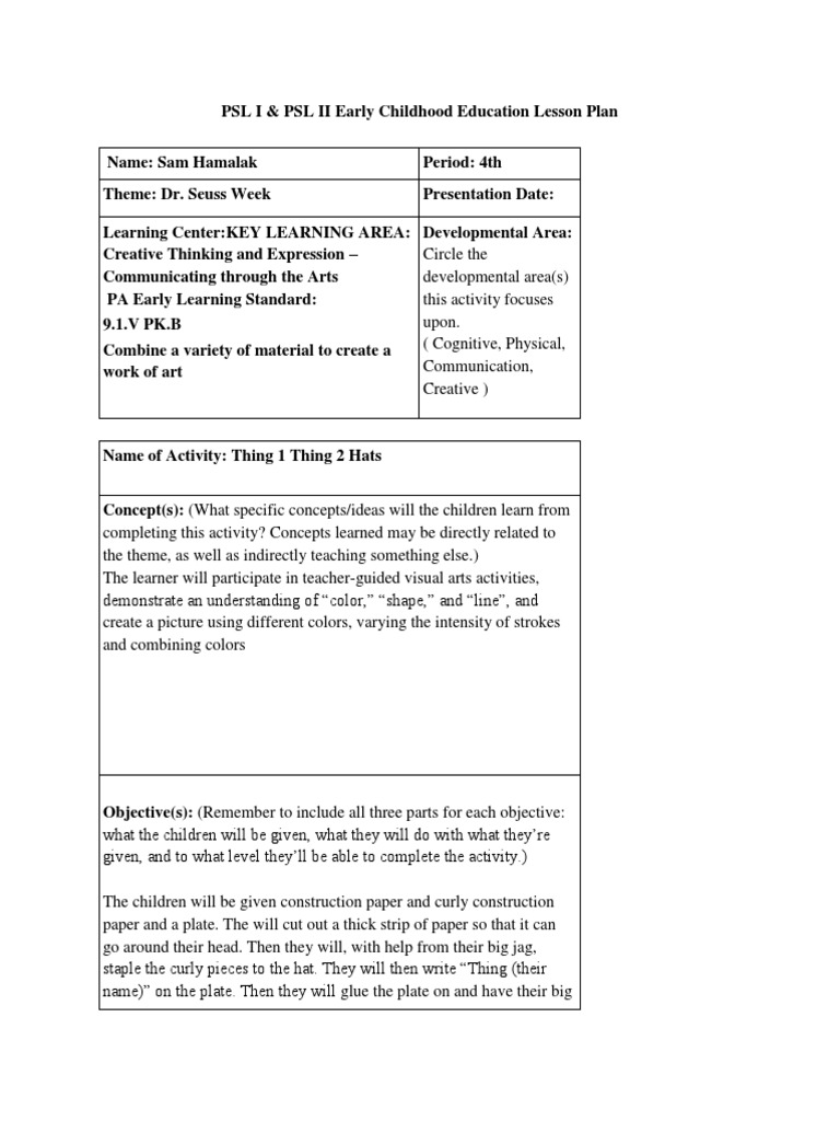 PSL I PSL II Early Childhood Education Lesson Plan PDF Lesson Plan