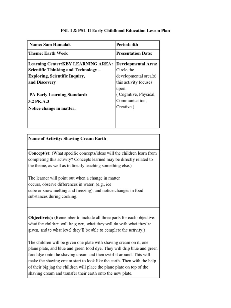 PSL I PSL II Early Childhood Education Lesson Plan 2 | PDF | Lesson ...