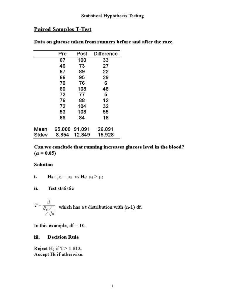 Paired T-Test: Running's Impact on Glucose | PDF