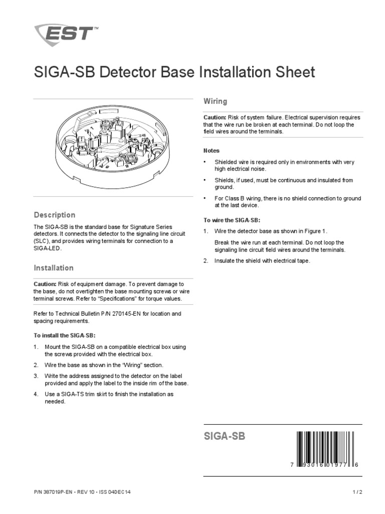 SIGA SB Detector Base Installation Sheet PDF Electrical Wiring Wire