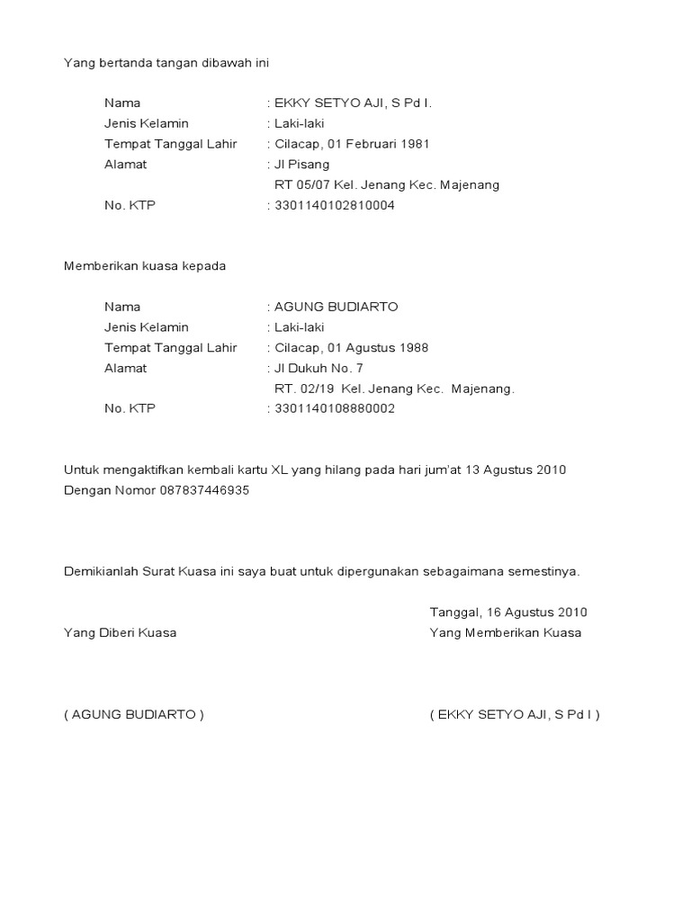 Contoh Surat Kuasa Upgrade Kartu 4g Xl