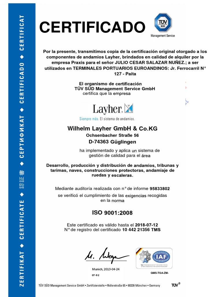 Certificado de Andamio LAYHER | PDF