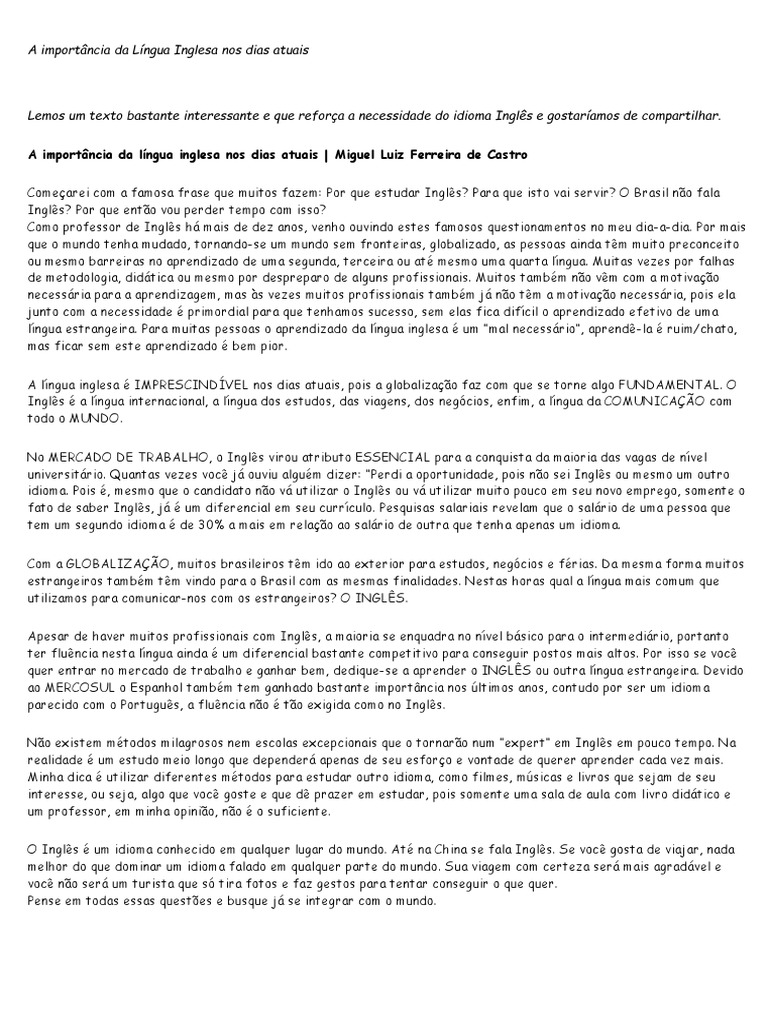 A Importância Da Língua Inglesa Nos Dias Atuais | PDF | Linguagem ...