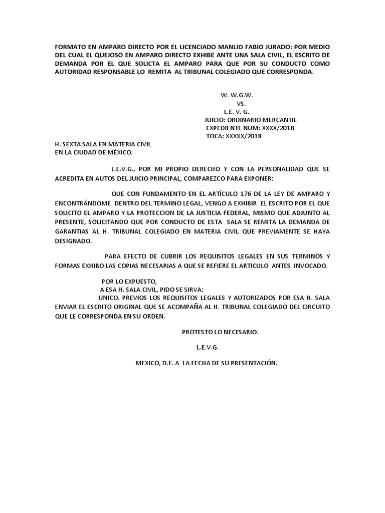 Formato en Amparo Directo Por El Licenciado Manlio Fabio Jurado Hernández |  PDF