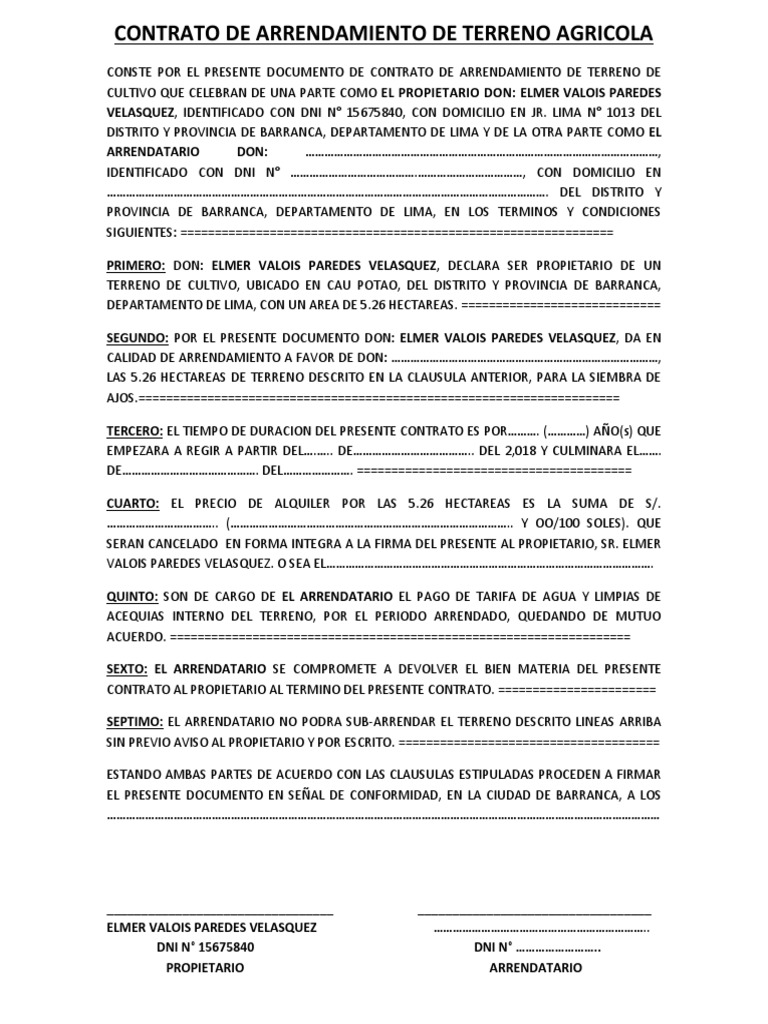 Contrato de Arrendamiento de Terreno Paredes | PDF