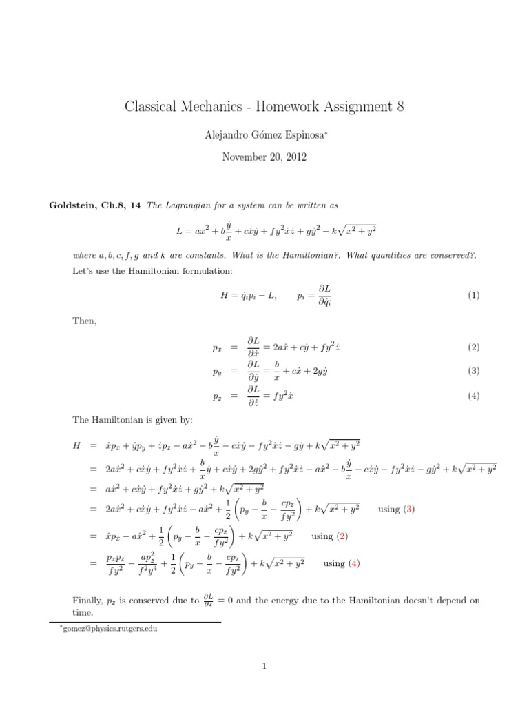 Hamiltonian Mechanics Homework 8 | PDF | Hamiltonian Mechanics ...