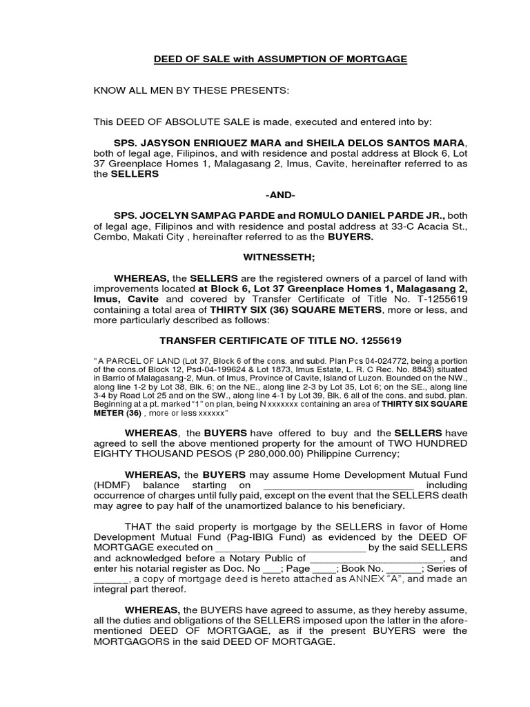 Deed of Sale Documenting the Transfer of Residential Property in Imus
