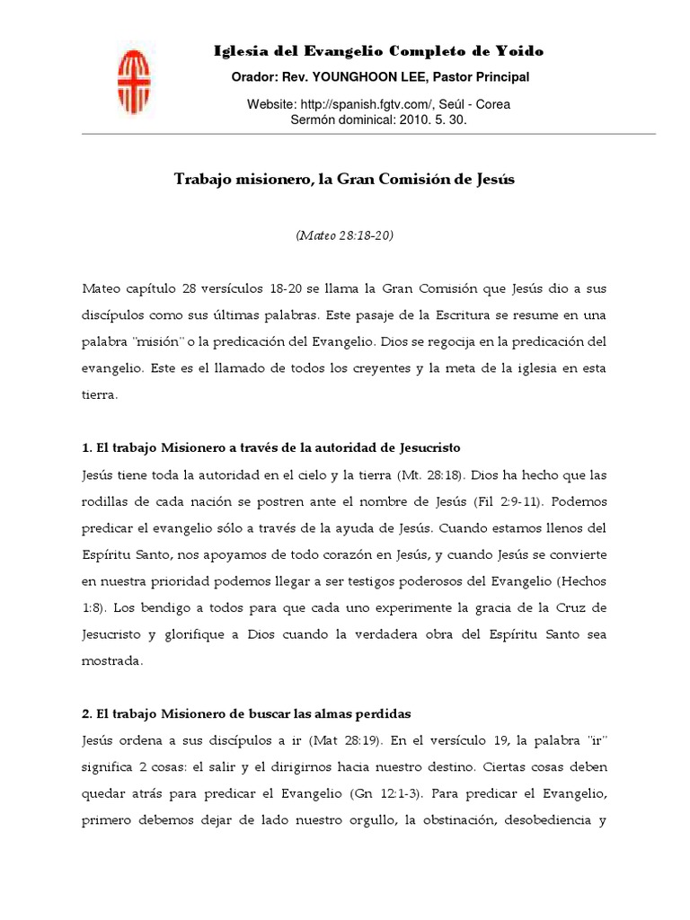 La Gran Comisión y el Trabajo Misionero | PDF | Gran comisión | Cristo ...