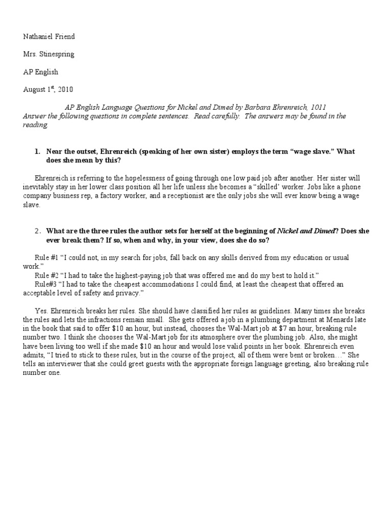 Answers For Nickel And Dimed Barbara Ehrenreich Working Poor Poverty Homelessness
