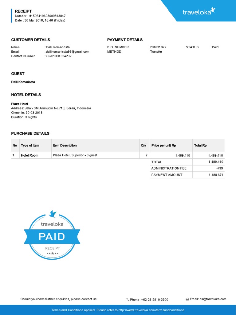 Traveloka Hotel Receipt Example | PDF | Receipt | Services (Economics)