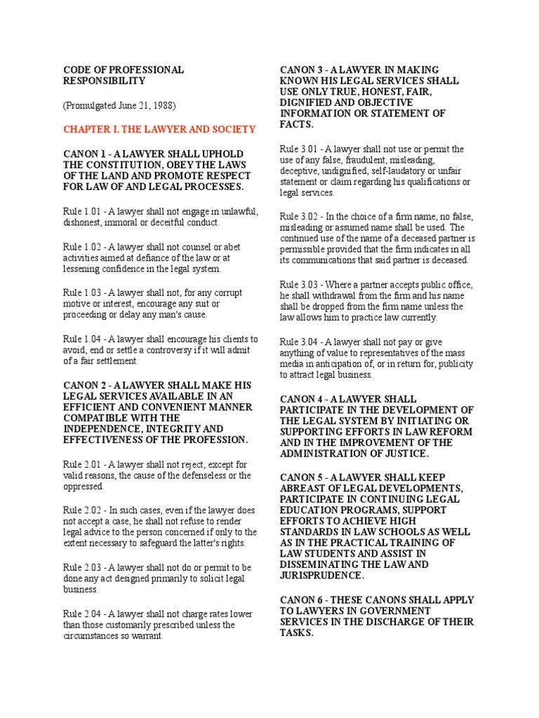 Code Of Professional Responsibility Pdf Practice Of Law Lawyer