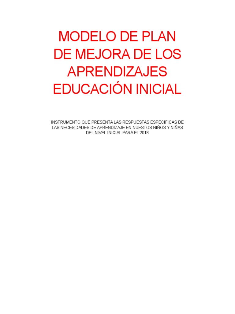 Plan de Mejora de Aprendizajes Inicial 2024 | PDF | Salón de clases ...