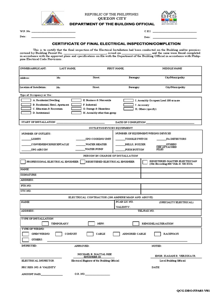 Quezon City Department of The Building Official PDF Electrical