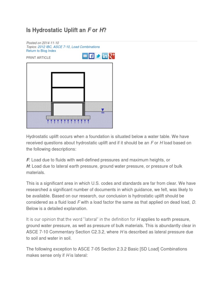 Hydrostatic Uplift Should it be Considered a Fluid Load (F) or Lateral
