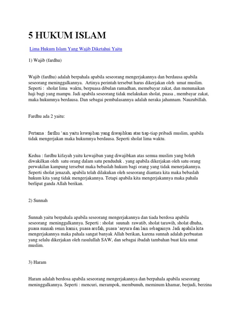 Lima Hukum Islam Yang Wajib Diketahui Yaitu