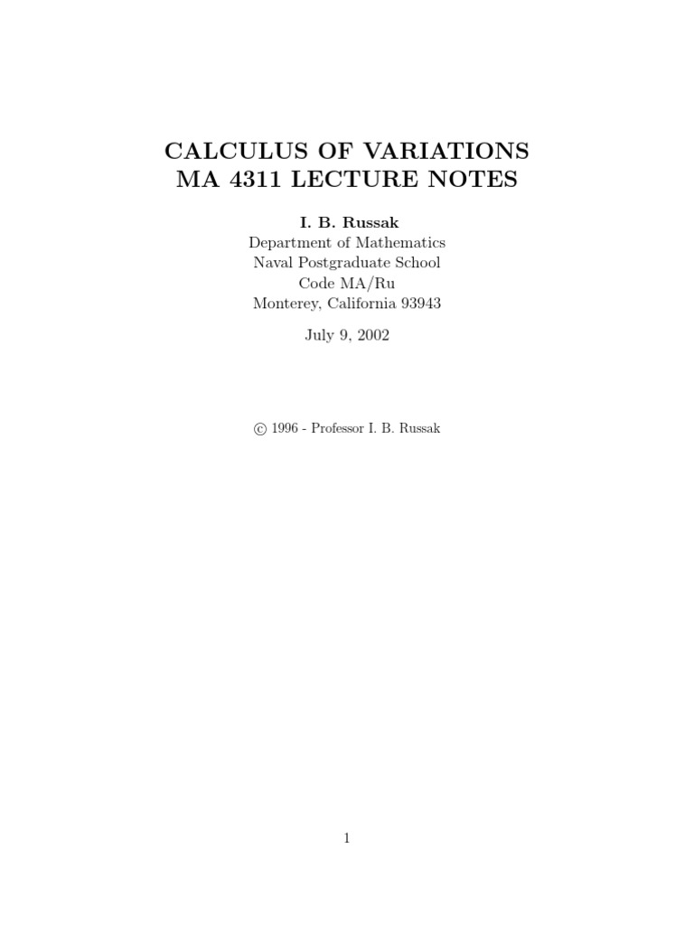 Russak (1996) Calculus of Variations Lecture Notes | PDF