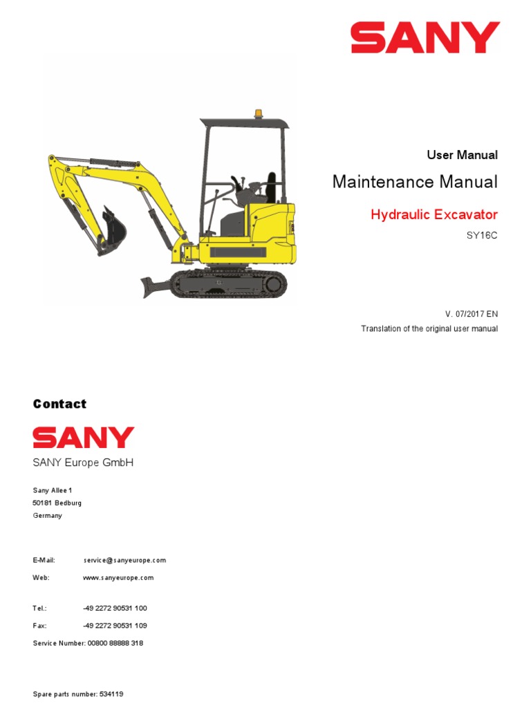 SY16C Excavator User & Maintenance Manual | PDF | Personal Protective ...
