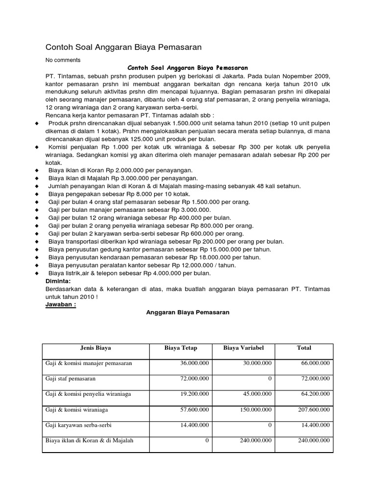 Contoh Soal Anggaran Biaya Pemasaran