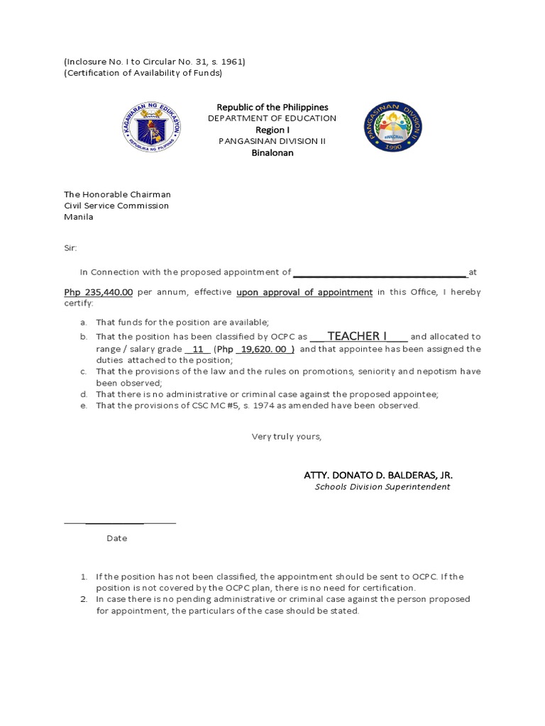 (Inclosure No. I To Circular No. 31, S. 1961) (Certification of ...