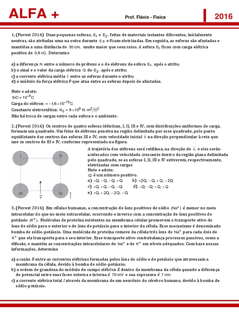 Questões sobre cargas elétricas, campos elétricos e potenciais elétricos PDF Carga elétrica