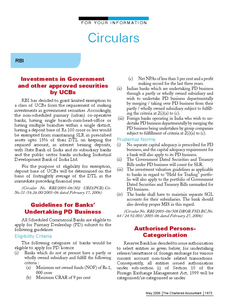 Guidelines on Primary Dealership Business, FCNR Deposits, Authorized