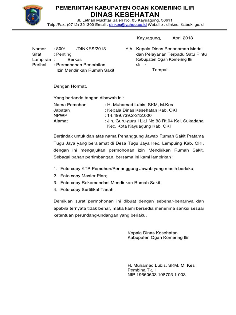 Surat Permohonan Izin Mendirikan Rumah Sakit