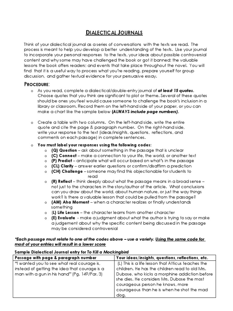 Dialectical Journal Guide for Texts | PDF | To Kill A Mockingbird | Books