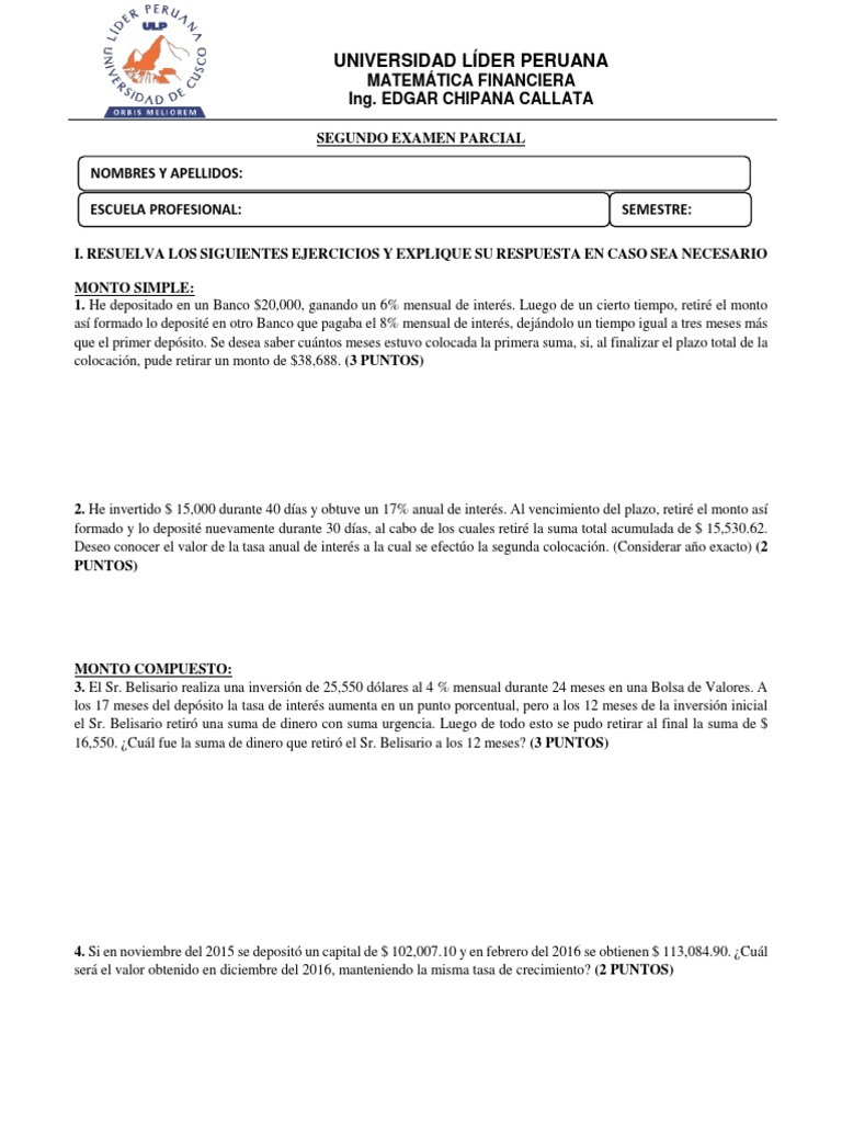 Examen Parcial #02 Mate Financiera | PDF | Finanzas Matemáticas | Interés