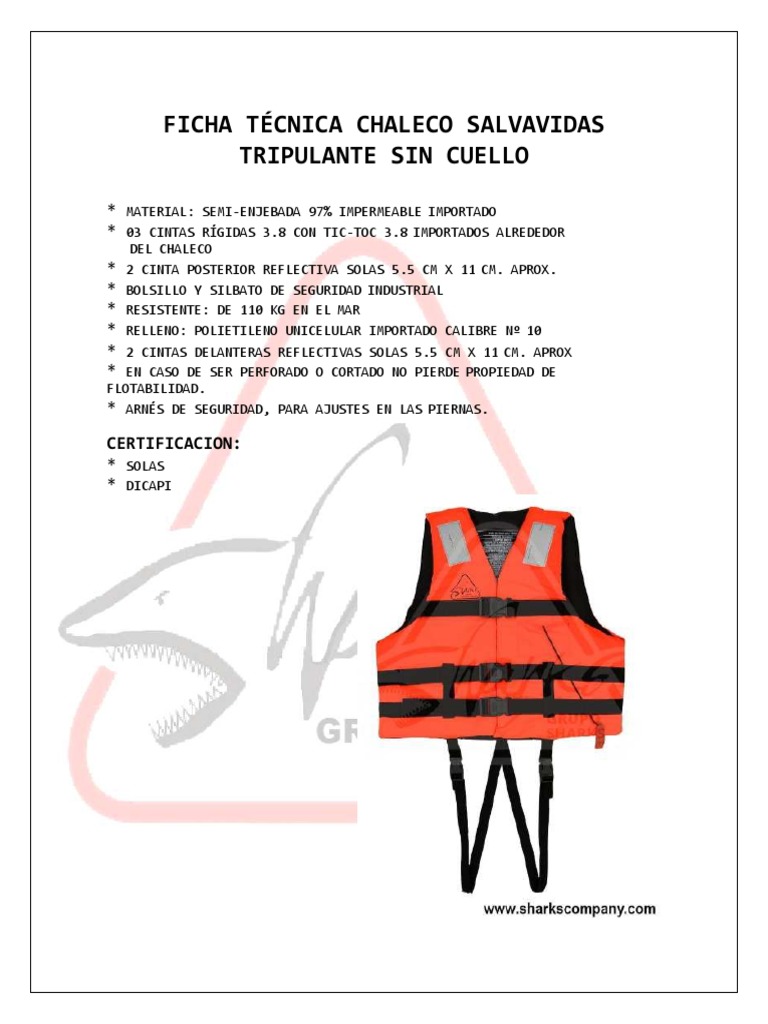 Ficha Técnica Chaleco Salvavidas Tripulante Sin Cuello