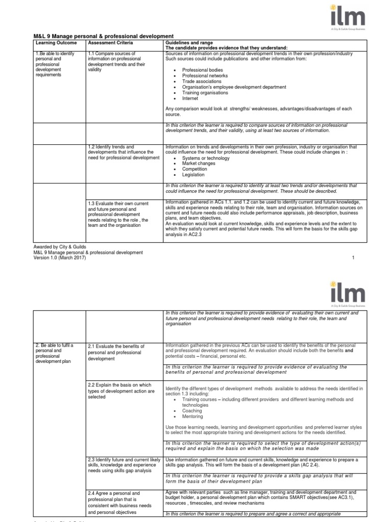 Manage Personal and Professional Development ILM Assessment Guidance (ML9)  | PDF | Performance Appraisal | Evaluation